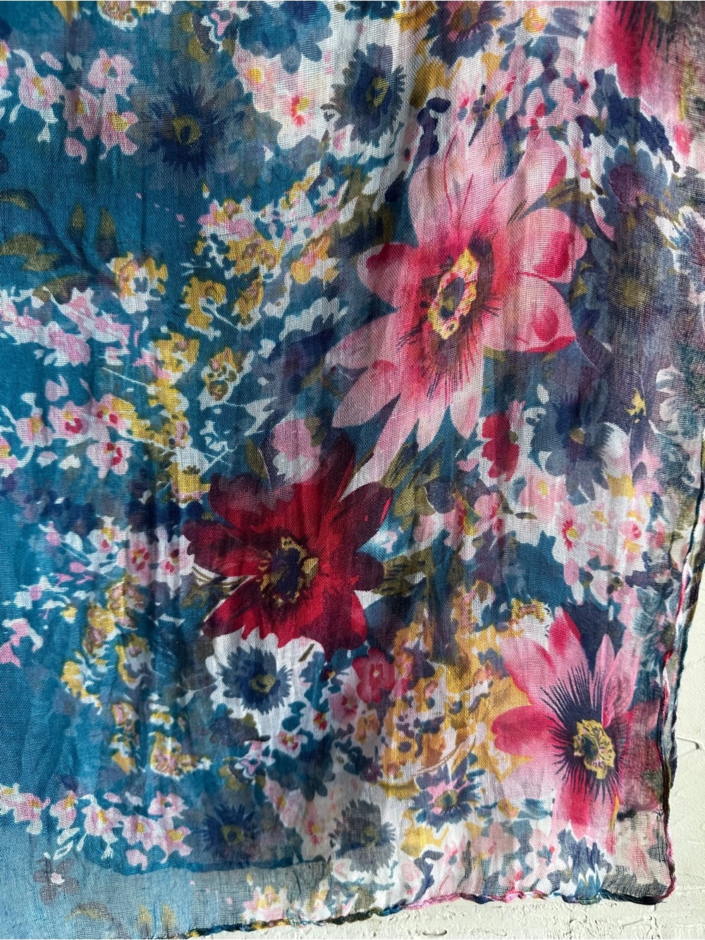 Floral Watercolor Viscose Scarf Blue Pink Sheer Boho Cottagecore Romantic 62x40 - Picture 2 of 10